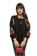 Load image into Gallery viewer, Tie Front Cherry Print Knitted Cardigan
