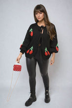 Load image into Gallery viewer, Tie Front Cherry Print Knitted Cardigan
