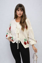 Load image into Gallery viewer, Tie Front Cherry Print Knitted Cardigan
